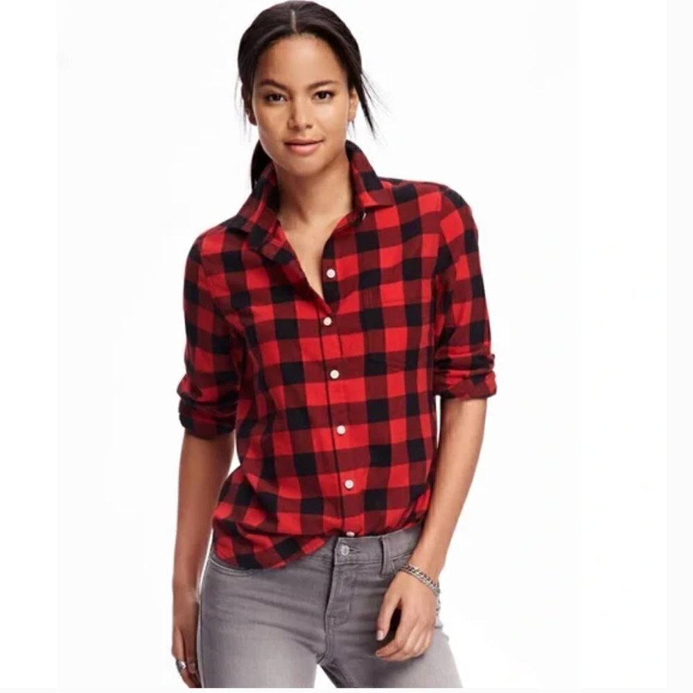 Old Navy Women's Size XXL The Classic Shirt Button Down Red Black Gingham Rayon